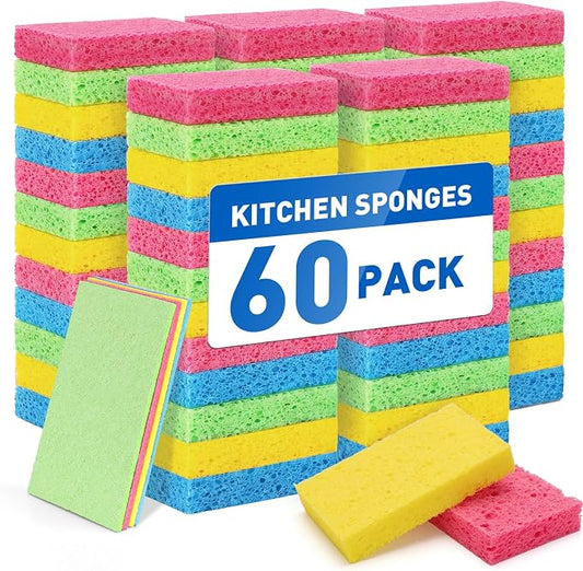 60 Pack Compressed Cellulose Sponges, Non Scratch Kitchen Sponge for Cleaning, Multipurpose sponges Bulk for Kitchen, Bathroom, DIY