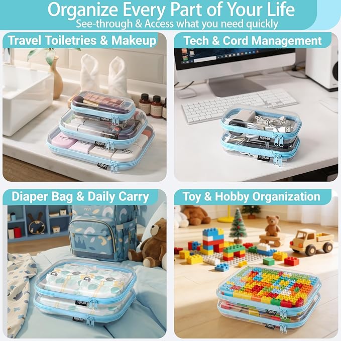 6 Pack Blue Clear Hard Shell Beauty Organizer (2M+4S), 1.2mm Heavy Duty Crush-Proof Cosmetic Case, Reinforced YKK Zippers, Stadium Approved Security Bag for Skincare & Electronics, Multi-Size Set