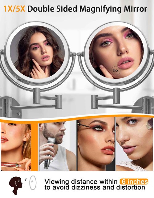 Lighted Makeup Mirror Wall Mount with Magnification 5X LED Double Sided Magnifying with Light, Touch Sensor Dimming, Extendable Swing Arm 360 Swivel Shaving Cosmetic Mirror for Bathroom, Chrome