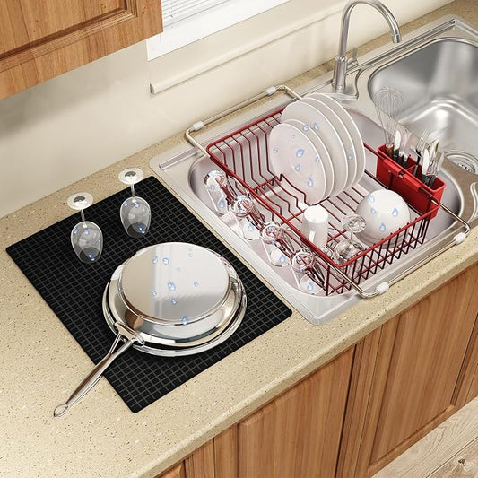 MAJALiS Red Dish Drying Rack Over The Sink with Utensil Holder, Mat | Expandable Stainless Steel Dish Drainer for Small Kitchen, Apartment, RV, Counter Space Saving, Perfect Fit, Rustproof