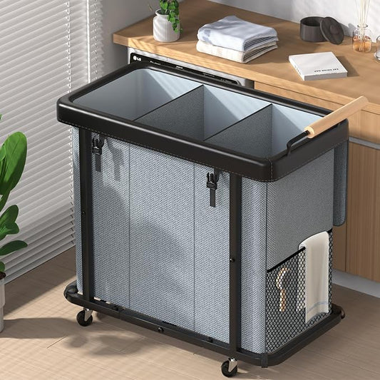 Rolling Laundry Hamper with Wheels, Laundry Hamper 3 Section with Lid, Laundry Basket with Rolling Lockable Wheels and Handle, Laundry Basket Organizer for Laundry Room, Bedroom 230L Gray
