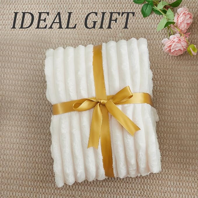 BEDELITE Full Size Blanket for Bed, 300GSM Soft & Warm Fleece Cream White Blanket, Decorative and Giftable Striped Blankets for Women, Men, 84"x90"
