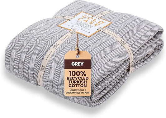 Gold Case Throw Blanket for Bed - 100% Recycled Turkish Cotton Blanket - Vintage Lightweight Soft Throw Blankets for Bed & Living Room - Queen Size Cozy Blankets - 90x90 - Grey