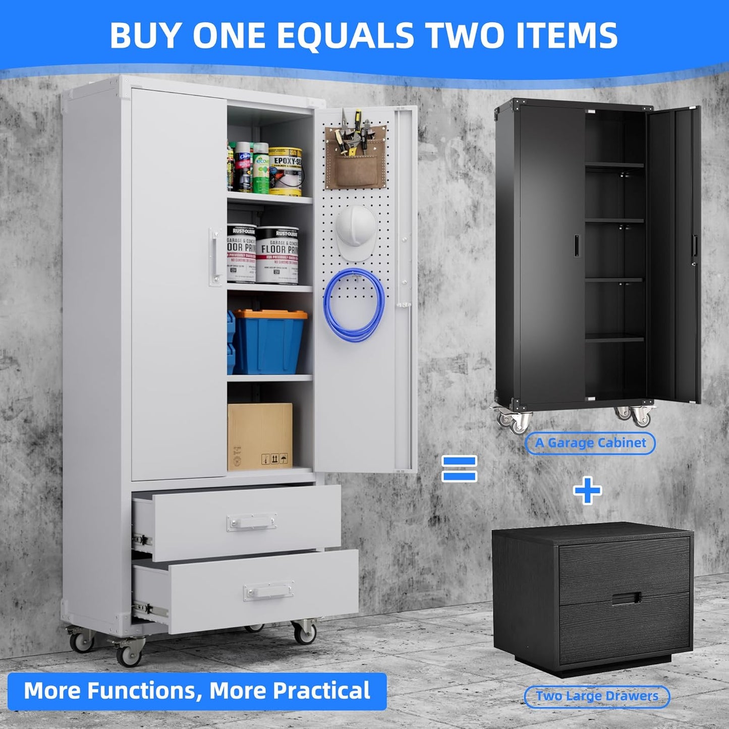 Upgraded Metal Garage Storage Cabinet with Wheels and 2 Drawers, Rolling Tool Cabinet with 3 Shelves and Pegboard Behind The Door for Home Office Garage,Assembly Required,White