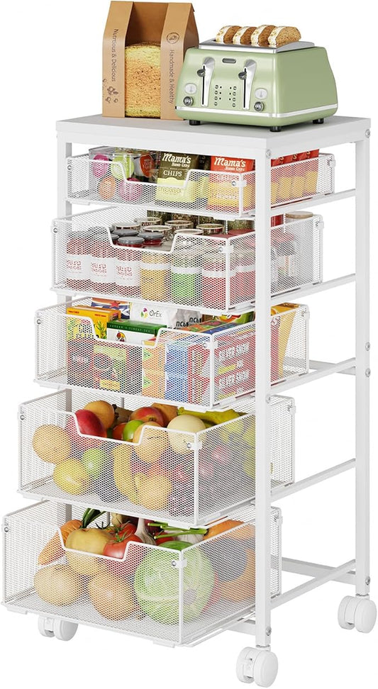 Kitchen Storage Cart with Wheels, 5-Tier Fruit Vegetable Storage Cart, Kitchen Organizer and Storage Cart with Drawers, Wooden Top Metal Wire Pantry Storage Cart for Fruit Snack Onion Potato, White