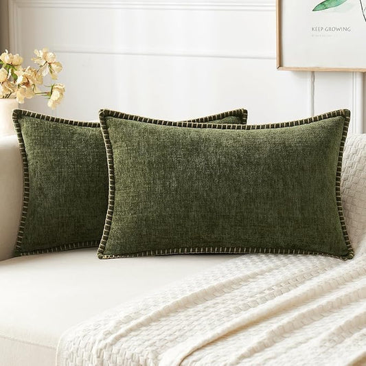 MIULEE Pack of 2 Lumbar Throw Pillow Covers 12x20 Inch Olive Green Farmhouse Decorative Pillow Covers with Stitched Edge Soft Chenille Solid Dyed Pillow Covers for Couch Sofa Bed Living Room