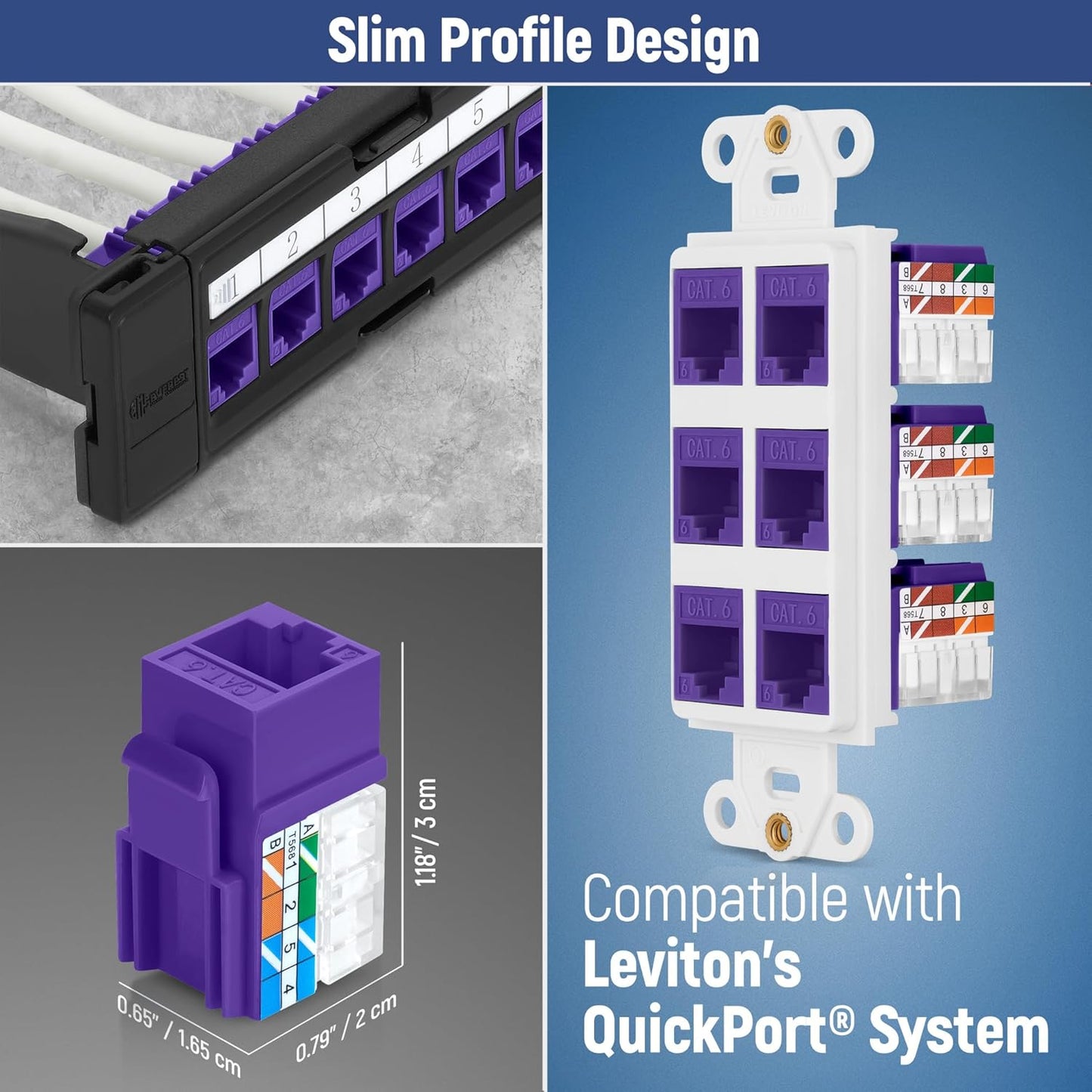 Everest 90° Angled RJ45 Cat6 Keystone Jacks 50-Pack in Purple - Slim Profile Female RJ45 Connectors - Cat 6 Keystone Jack - Compatible with 90° Angled Speed Termination Tool - easyJACK (B094WB91H3)