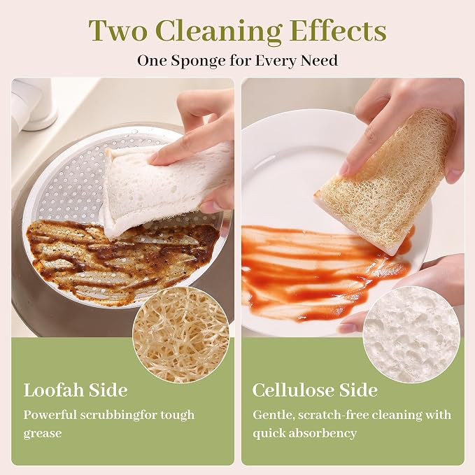 JOYMOOP Compressed Cellulose & Loofah Scrubbers, Non-Scratch Scrub Sponge, Kitchen Sponges for Dishes, 6-Pack, Dual-Sided Dish Sponge for Nonstick Cookware & All Surfaces