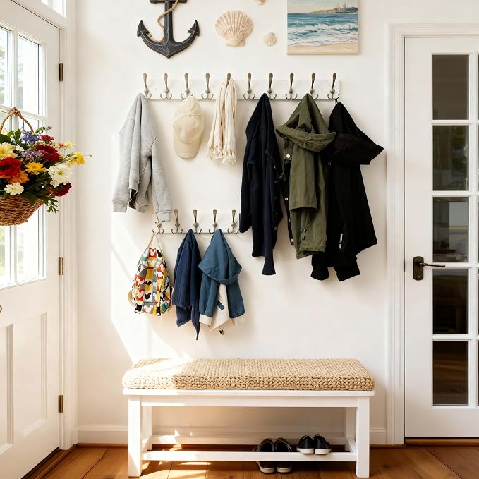 SKOLOO Creations White Solid Wood Wall Mounted Coat Rack, 10 Hooks, 38-1/8" Long - Kitchen, Mudroom, Entryway, Bathroom - Includes Mounting Hardware, Wall Coat Hanger, Towel Rack, Pack of 2