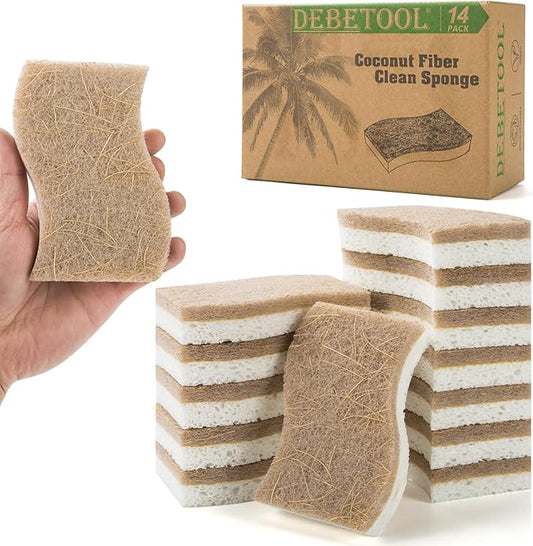 DEBETOOL 14Pack Natural Kitchen Sponge, Eco-Friendly Dish Sponge for Kitchen - Biodegradable Cellulose and Coconut Scrubber - Household Cleaning Sponge for Dishes, White