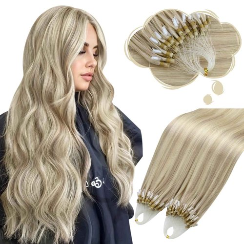 Moresoo Micro Beads Hair Extensions Real Human Hair Highlight Ash Blonde with Bleach Blonde Microlink Hair Extensions Long Straight 50G/50S 24 Inch