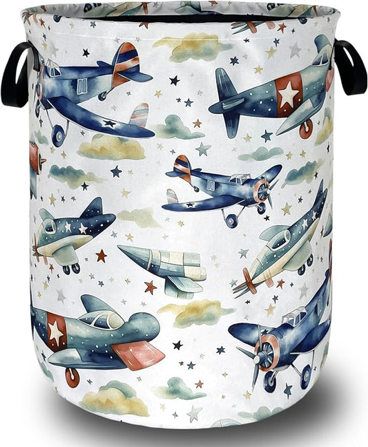 Watercolor Plane Laundry Basket Foldable Cartoon Laundry Hamper Oxford Cloth Plane Printed Colorful Tote Bag Clothes Toy Storage Bucket For Bathroom/Laundry Storage/Bedroom 18.9x16.5 Inch