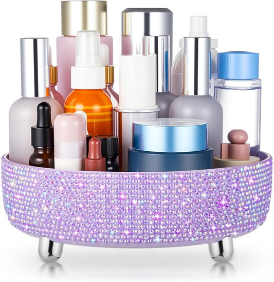 Honeydak 360 Rotating Perfume Organizer Gift for Women, Rhinestone Preppy Skincare Organizer Bathroom Counter Makeup Holder Skincare and Perfume Storage for Cosmetic(1 Tier,Resin Diamond,Purple)