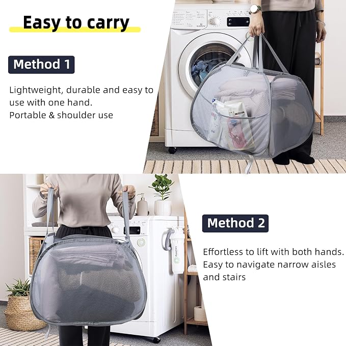Collapsible Laundry Basket, 90L Foldable Pop Up Laundry Hamper with Handles, Mesh Dirty Clothes Hamper for Laundry, Bathroom, Kids Room, Dorm,Travel or Camping (Gray, 2PCS)