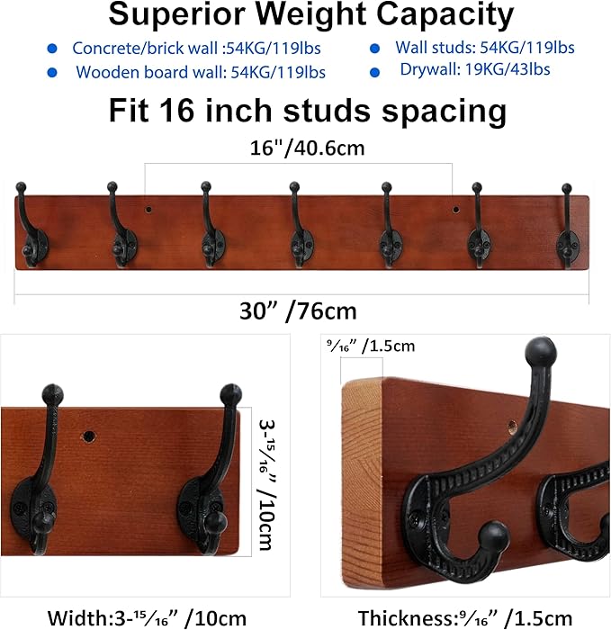 WEBI Rustic Coat Rack Wall Mount,30" Long 7 Cast Iron Coat Hooks Wall Mounted,Heavy Duty Wood Wall Coat Hanger Hooks for Hanging Coats,Jacket,Clothes,Backpack,Farmhouse,Cherry,2 Packs