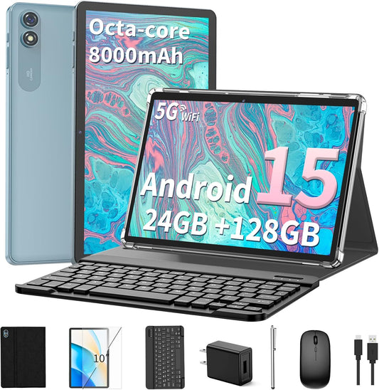2025 Android 15 Tablet with Keyboard, 24GB+128GB+2TB Expand, 10.1 Inch Octa-Core 2-in-1 Tablets with 5G/2.4G WiFi, 8000mAh, BT5.0, GMS Certified, with Mouse, Case, Stylus, Split Screen(Black)