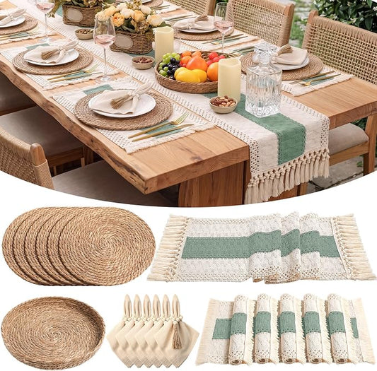 6 Sets Boho Decoration Placemats Round Woven Placemats, Cloth Napkins, Wood Bead Napkin Rings, Long Table Runner and Farmhouse Burlap Cotton for Table Kitchen (Green,12x72)
