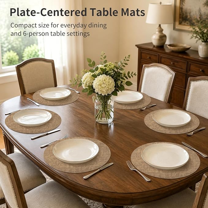 Maxpearl Round Placemats Set of 6, 13.8 inch Faux Leather Heat Resistant Table Mats, Non Slip Waterproof Wipeable Place Mats for Kitchen Dining Holiday Party Table Settings, Brown