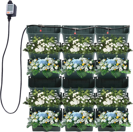 Self-Watering Wall-Mounted Planter, Vertical Wall Planter 18 Pots Vertical Living Wall Planter Indoor Plant Grow Pots w/Timer&Long Hose, Plant Flower Pot Holder for Flowers Vegetables (Green)