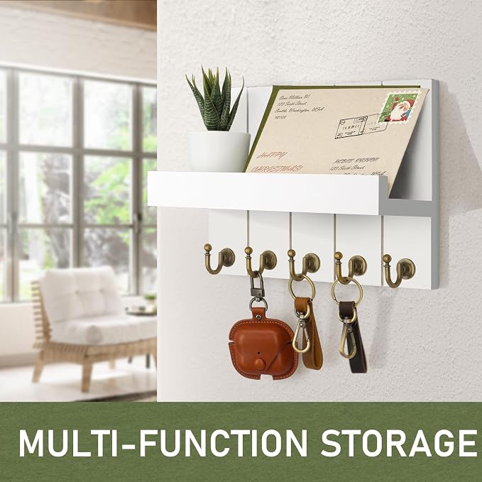 Rebee Vision Key Holder for Wall - Decorative Mail Organizer Wall Mount with 5 Key Hooks for Modern Farmhouse Apartment Essentials - Home Decor for Living Room (Rustic White, 3.54"D x 10"W x 7.28"H)