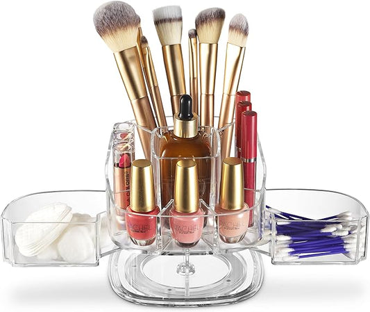 Masirs 360-Degree Rotating Makeup Organizer – Small Acrylic Cosmetic Storage Caddy with 5 Compartments, Mini Lazy Susan Vanity Organizer for Bathroom Counter, Skincare, Perfume, Brushes, Clear