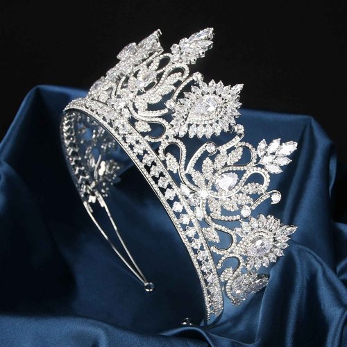 QXMYOO Luxury Large Tiaras and Crowns for Wedding Cubic Zirconia Pageant Crown Tall Bride Tiara Silver Gold Sun Flower CZ Birthday Prom Party Headpiece Bridal Hair Accessories (Silver)