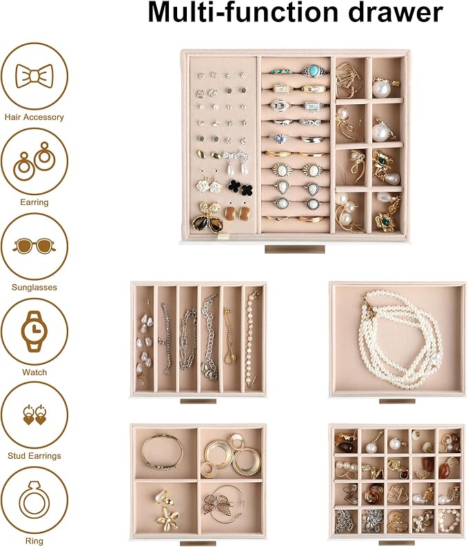 Frebeauty Clear Lid Jewelry Box,5-Layer Jewelry Organizer with Drawer,PU Leather Jewelry Organizers and Storage,Jewelry Boxes for Women,Jewelry Storage for Rings Earring Stud,Gift for Women(White)