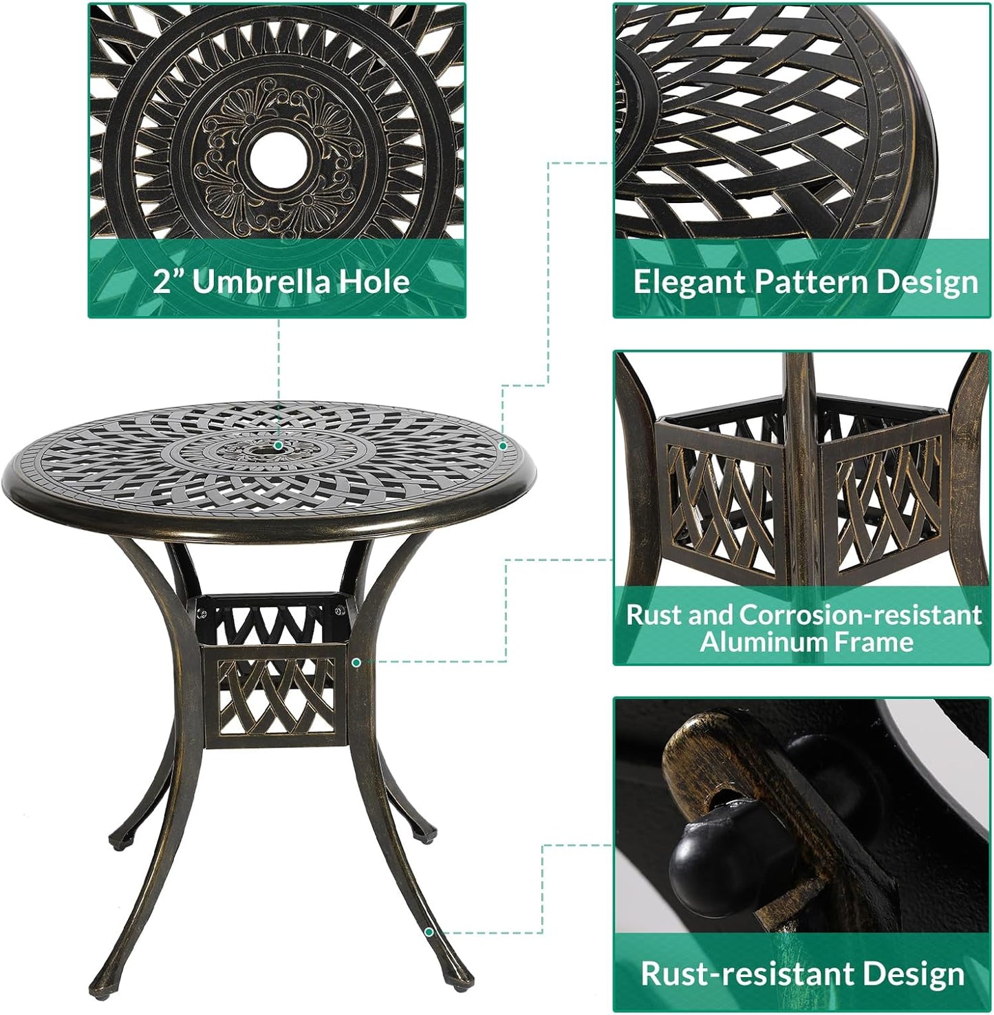 VIVIJASON 3-Piece Patio Furniture Dining Set, Outdoor All-Weather Cast Aluminum Bistro Set, Include 2 Swivel Chairs and 31" Round Table w/Umbrella Hole for Balcony, Lawn, Garden (Navy Blue Cushion)
