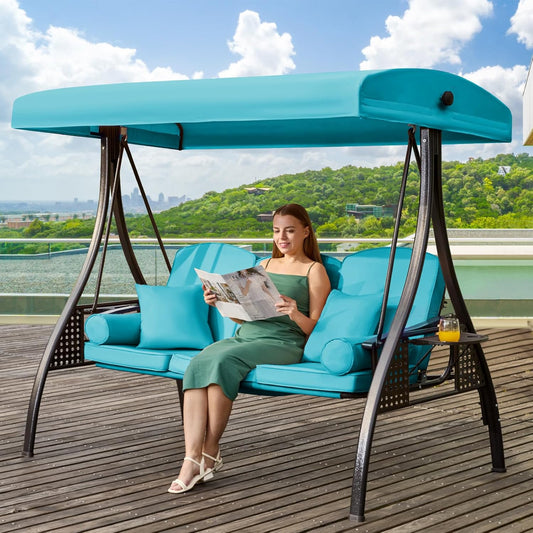 3 in 1 Outdoor Porch Swing with Adjustable Canopy, 3 Seat Outdoor Swing for Adults, Patio Swing Chair with Thickened Cushions,Pillows & Cup Holders for Backyard, Porch, Garden (Lake Blue)