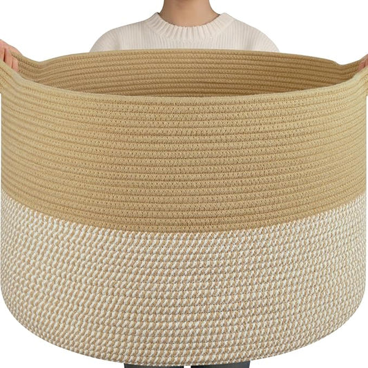 OIAHOMY 115L Extra Large Blanket Basket for Living Room, 23.6" x 15.4" Woven Cotton Rope Laundry Basket for Organizing Pillows, Decorative Stuffed Animal Toy Storage for Nursery, Jute and White