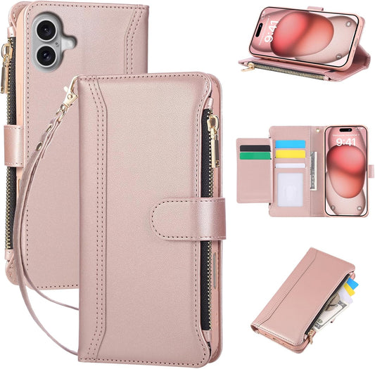 Compatible with iPhone 16 Wallet Phone Case-PU Leather Magnetic Flip Cover with Credit Card Slots,Zipper Pocket & Detachable Wrist Strap,Shockproof Design,for Women and Men-Pink