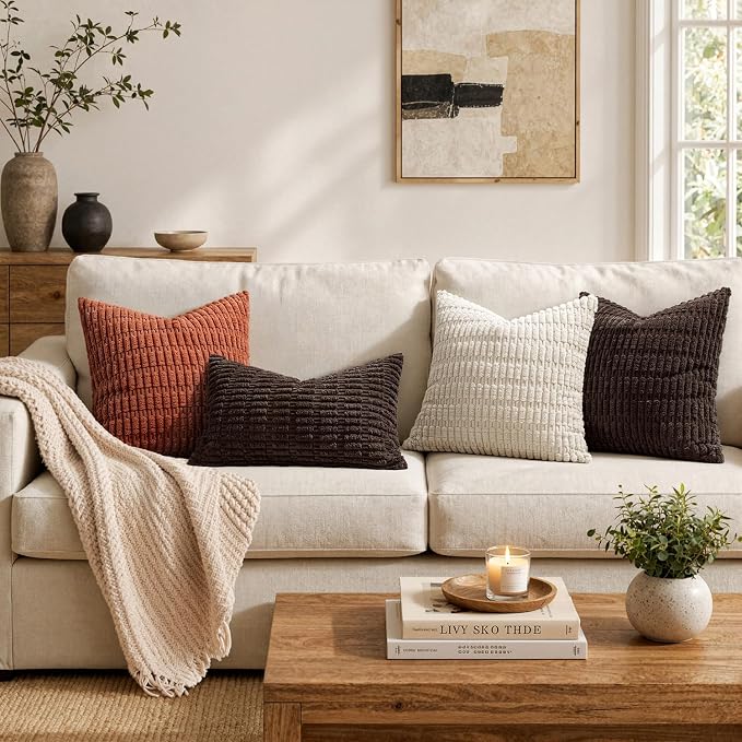 MIULEE Pack of 2 Corduroy Decorative Euro Sham Throw Pillow Covers 24x24 Inch Soft Boho Striped Pillow Covers Modern Farmhouse Home Decor for Sofa Living Room Couch Bed Dark Brown