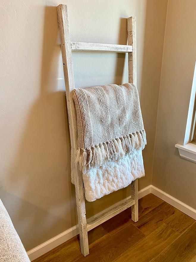 BARNWOODUSA Rustic Farmhouse Decorative Ladder - Our 5 ft Ladder can be Mounted Horizontally or Vertically and is Crafted from Upcycled Wood No Assembly Required White Wash