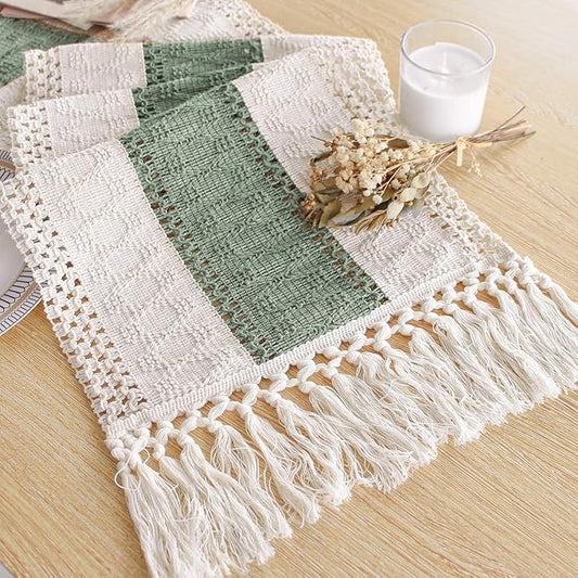 FEXIA Sage Green Table Runner 60 Inches Long with Tassels Boho for Summer Home Decor Rustic Macrame Farmhouse Table Cover for Wedding Party Bohemian Bridal Shower Dining Decorations(12x60 Inches)