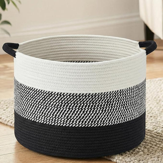 Artfeel 100L Large Cotton Rope Basket, Decorative Woven Blanket Storage for Living Room, Boho Toy Storage & Toy Box for Kids, Versatile Laundry Basket & Nursery Hamper for Blankets(Black)