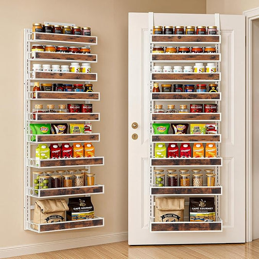 9 Tier Over The Door Pantry Orangizer 2 IN 1 Wall Mounted or Hanging Spice Rack with Adjustable Wood Basket,Heavy Duty Seasoning Storage Shelf for Kitchen Pantry and Bathroom White