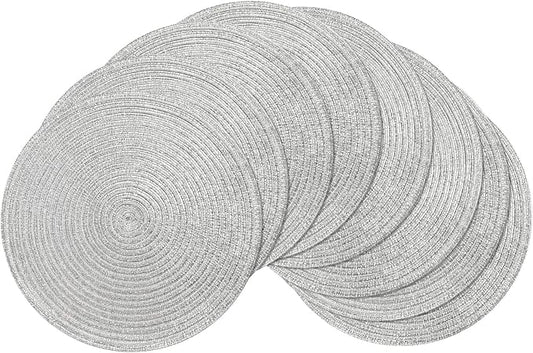 SHACOS Christmas Glitter Silver Placemats Set of 8 Sparkle Bling 15 inch Round Braided Table Mats Washable Place Mats for Dining Table Home Table Decor (Silver, 8)