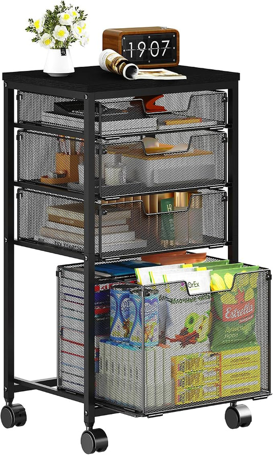 Sbanmao 4 Drawers Rolling Storage Cart, 1 Large Drawer (11.22"D x 12.2"W x 9.84"H) & 3 Small Drawers, Rolling Storage Cart with Lockable Wheels, Craft Storage Cart for Bedroom, Office, Black