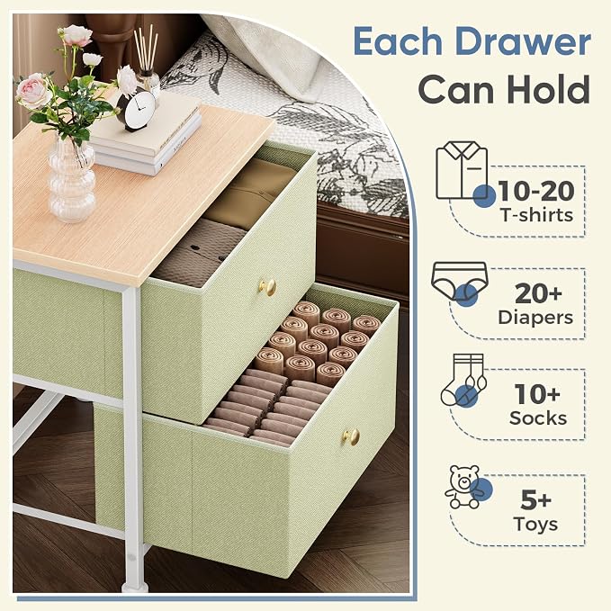 DUMOS Nightstand Small Dresser with 2 Fabric Drawers Side Tables Bedroom End Table Kids Bedside Storage Furniture for 20 inch Tall Night Stand for Closet, Entryway, College Dorm, Light Green 2Pack