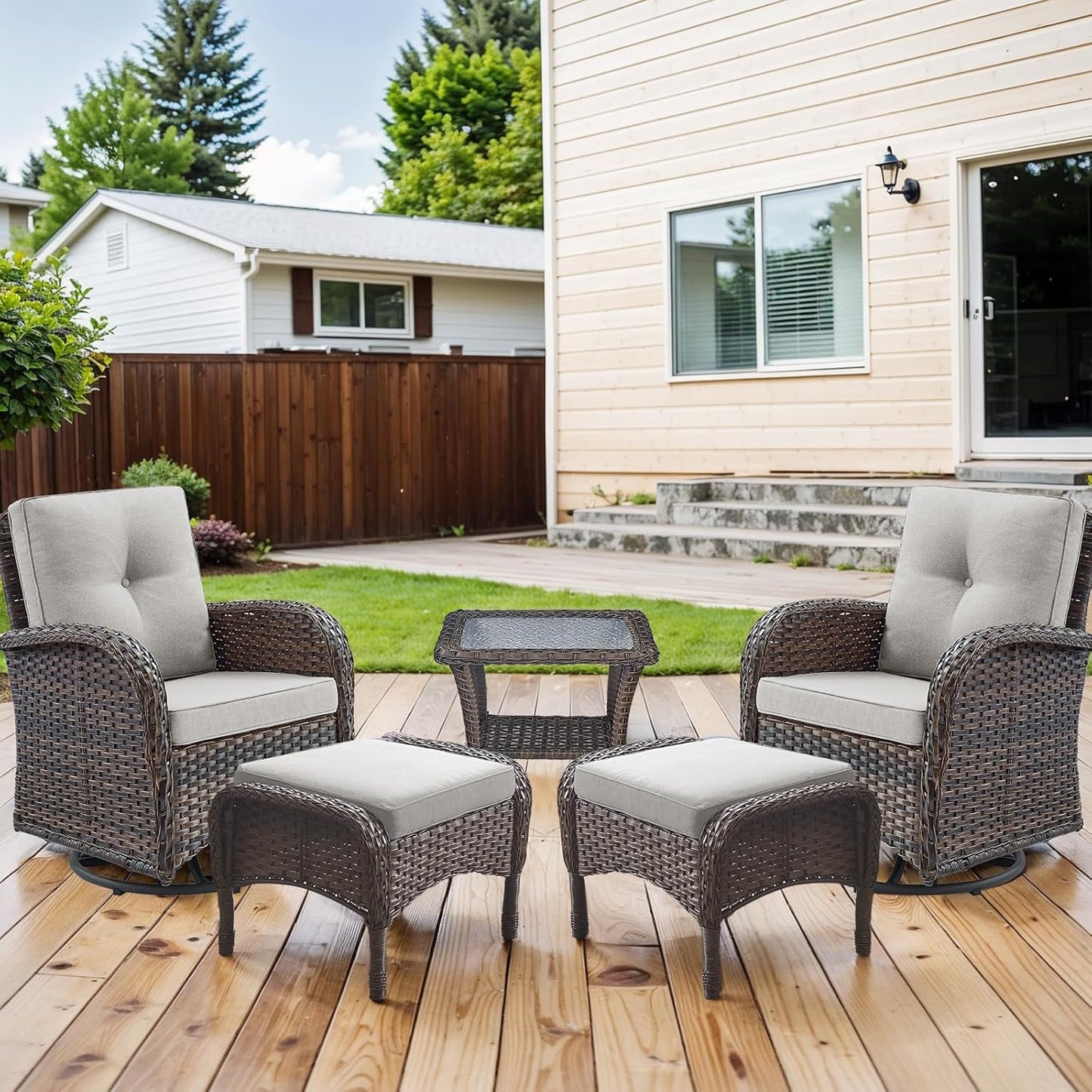 HUMMUH 5 Pieces Wicker Patio Furniture Set,Outdoor Swivel Gliders Rocker,Patio Ottomans,Glass Top Side Table,Outdoor Conversation Set for Porch Deck Backyard Poolside
