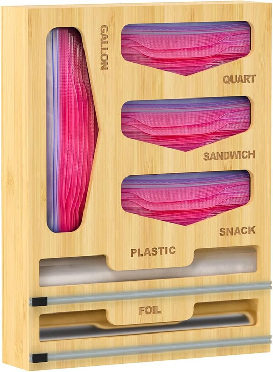 DALSHABET Bamboo Bag Organizer with Magnetic Closure, 6 In 1 Kitchen Drawer Foil and Plastic Wrap Dispenser with Cutter, Storage bag for Gallon, Quart, Sandwich, Snack Beige