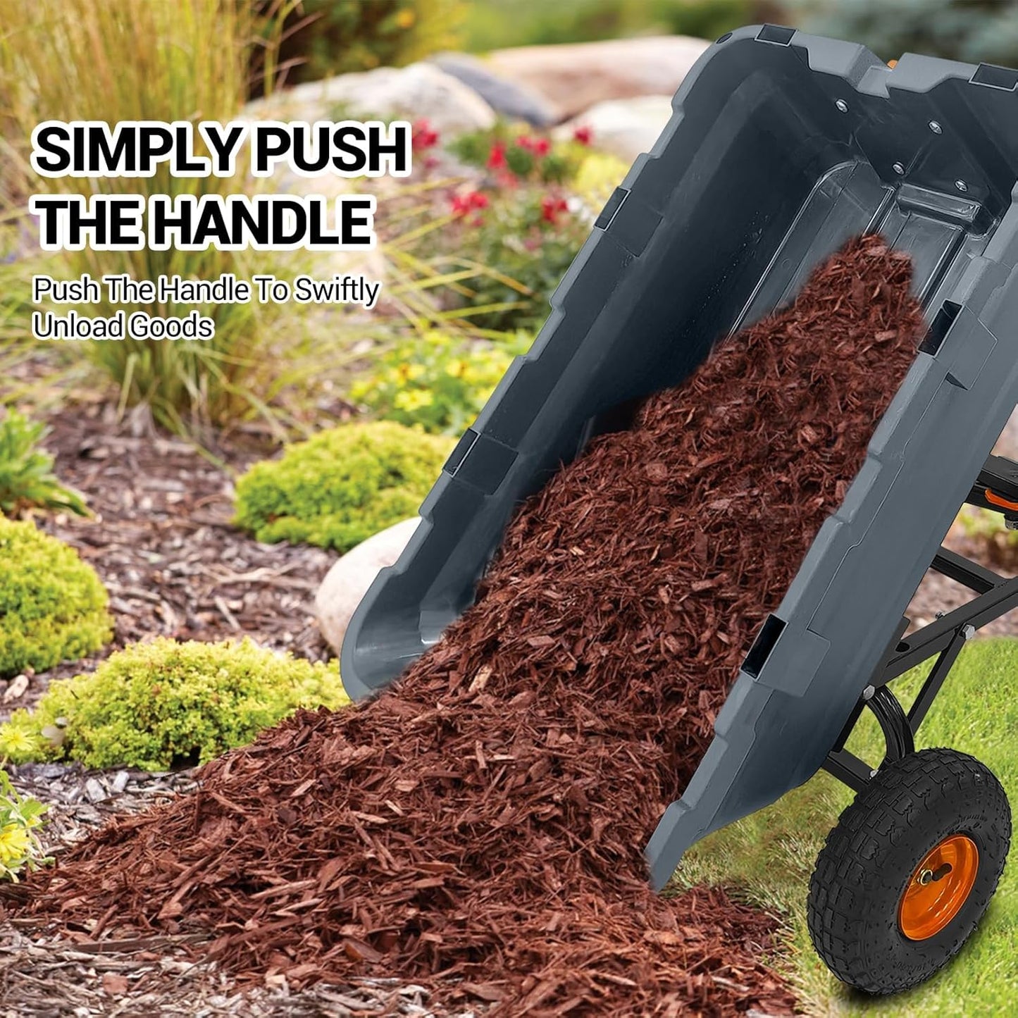 800 lbs Poly Garden Dump Cart, Heavy-Duty Wheelbarrow with 10-Inch Tires, 180° Rotating Handle, Steel Frame and Quick Release System Garden Dump Cart for Soil Plants Gardening Tools Wood