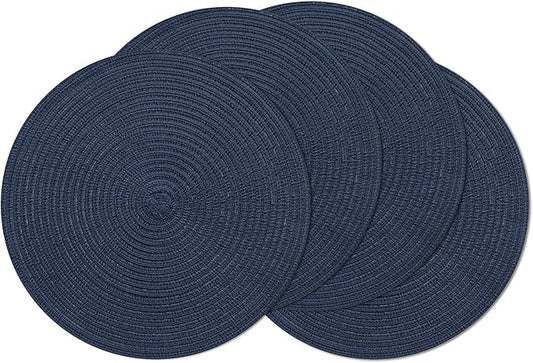 SHACOS Round Placemats Set of 4 Washable 15 inch Round Table Mats Cotton Polyester Woven Braided Place Mats for Dining Table, Navy