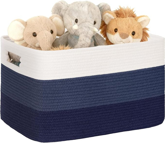 45L Small Laundry Basket with Leather Handles for Living Room Storage, Woven Rope Baskets Bin for Blanket, Kids Toy, Gifts, Wicker Hamper for Bedroom Dirty Clothes, 18"x14"x11" Gradient Blue