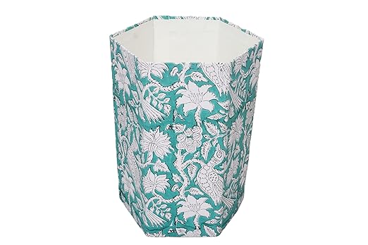 3.3 Gallon Cotton Hand Block Printed Paper Waste Basket |Small Decorative Trash Can for Housewarming Gifts in Living Room, Bedroom, Bathroom | Eco-Friendly, Plastic-Free (1, L, Green White MOR)