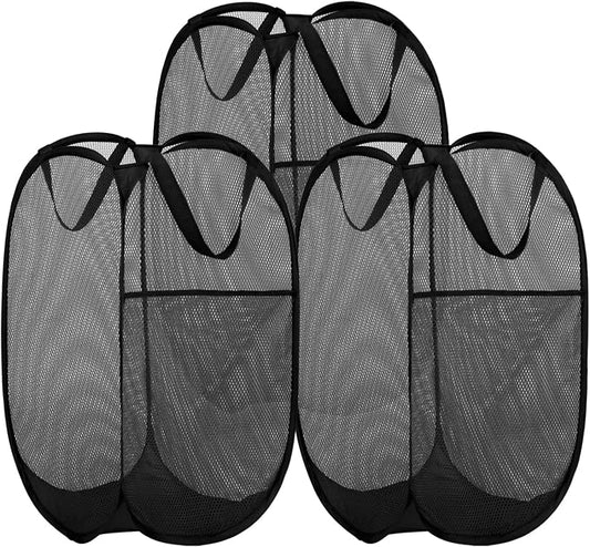 BATTOO Deluxe Strong Mesh Pop up Laundry Hamper Basket with Side Pocket for Laundry Room, Bathroom, Kids Room, College Dorm or Travel 3 Pack Black