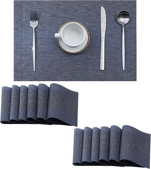 Leetaltree Denim Blue Placemats Set of 12 - Heat Resistant Non-Slip Place mats for Dining Table, Washable Durable PVC Vinyl Woven Table Mats（Denim Blue, 12）