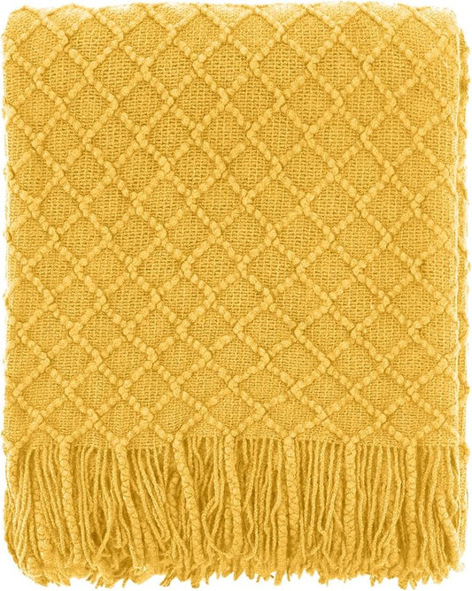 CREVENT Farmhouse Boho Knitted Throw Blanket for Couch Sofa Chair Bed Home Decoration, Soft Warm Cozy Light Weight for Spring Summer Fall (60''X80'' Mustard)