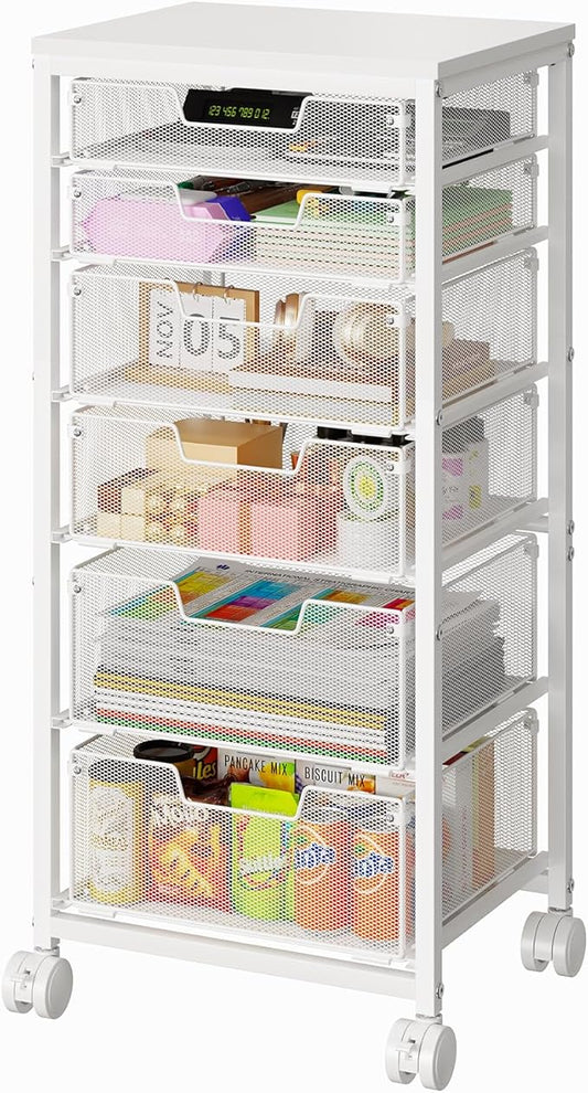 Sbanmao 6 Drawers Rolling Utility Cart, Rolling Storage Cart with Wooden Tabletop, Storage Drawer Cart on Lockable Wheels, Craft Cart for Bedroom, Classroom, Office, White