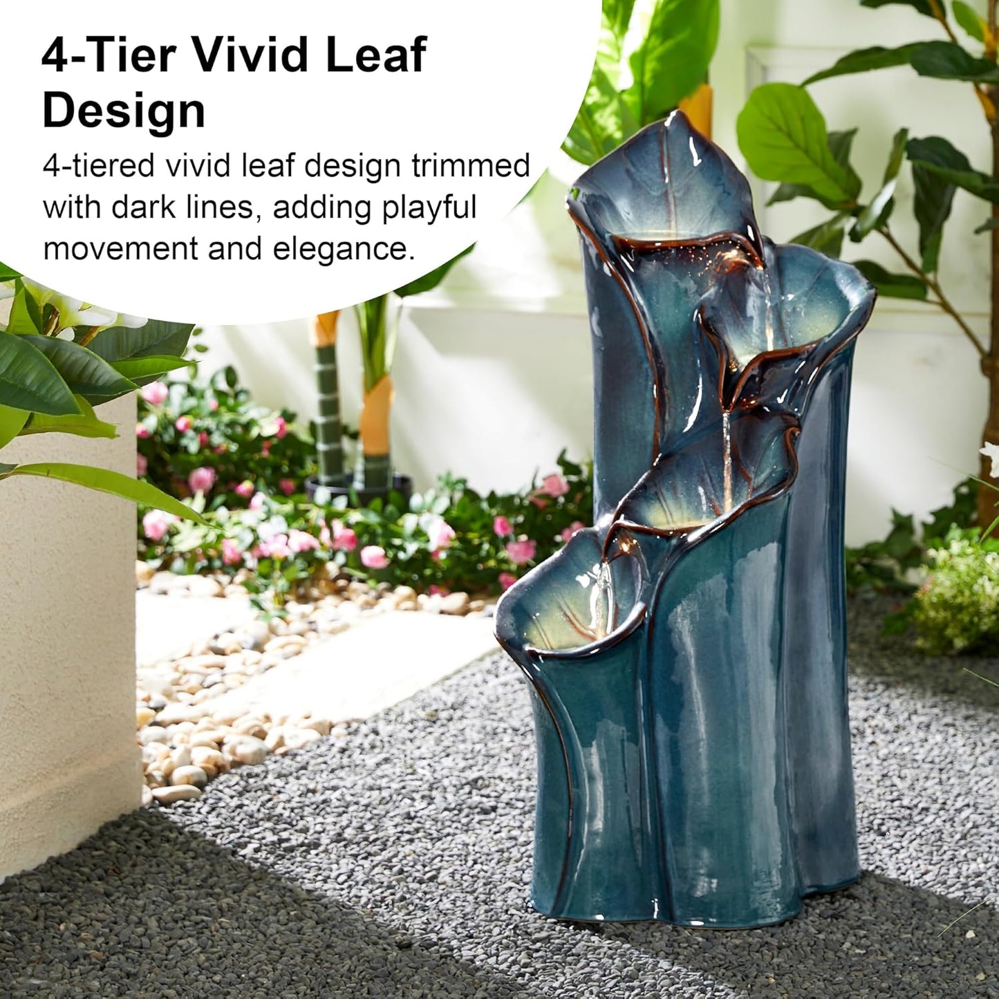 Glitzhome 31.25" H Outdoor Water Fountain with LED Lights and Pump, 4 Tier Turquoise Lotus Leaf Textured Ceramic Floor Standing Fountain, Vase Waterfall Fountains for Porch Deck Garden Patio Backyard